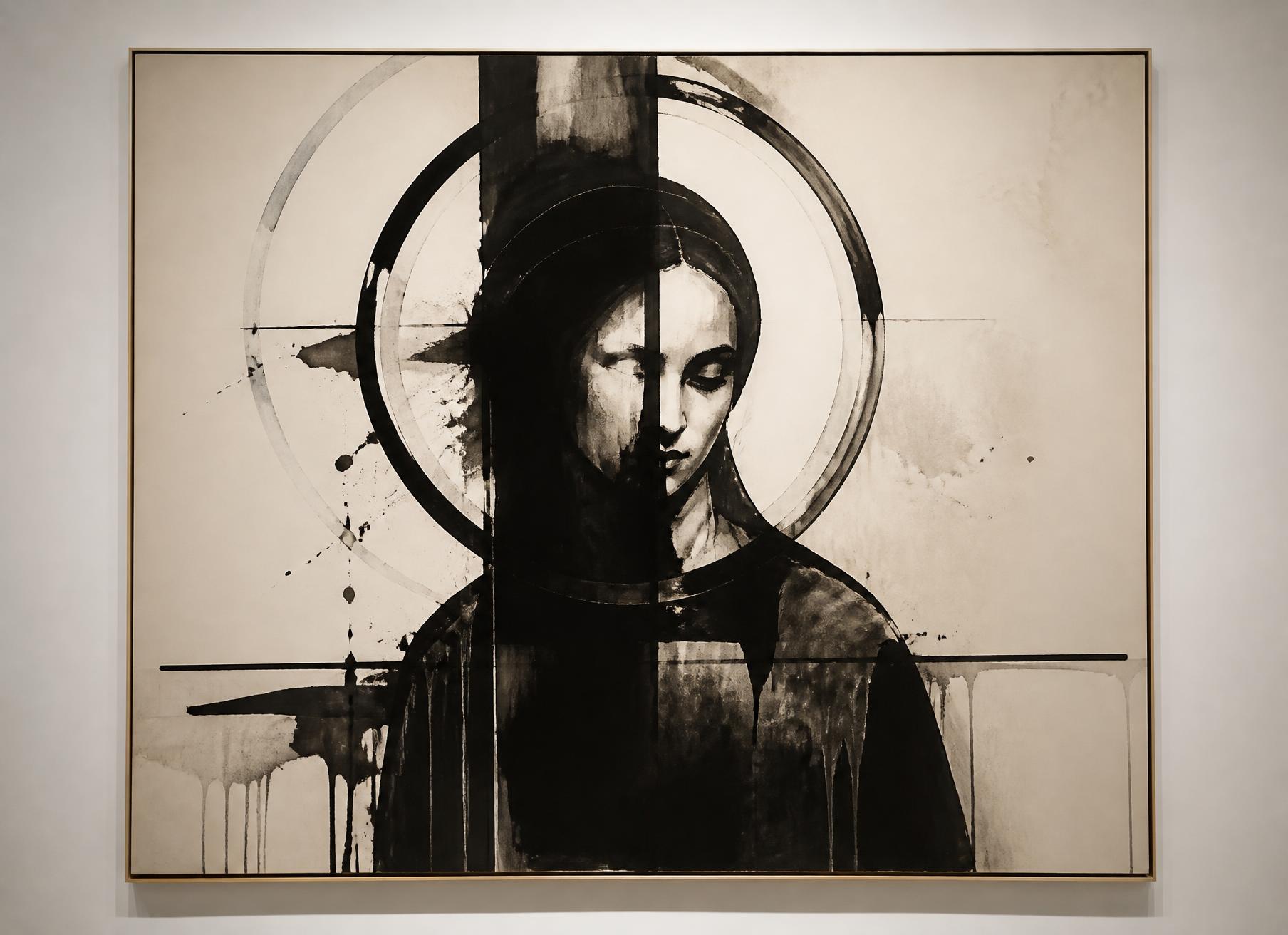 Black and white painting of a veiled figure within concentric ink circles