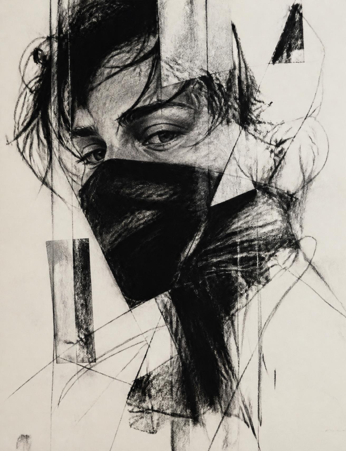 Charcoal drawing of a partly covered face with fractured linework