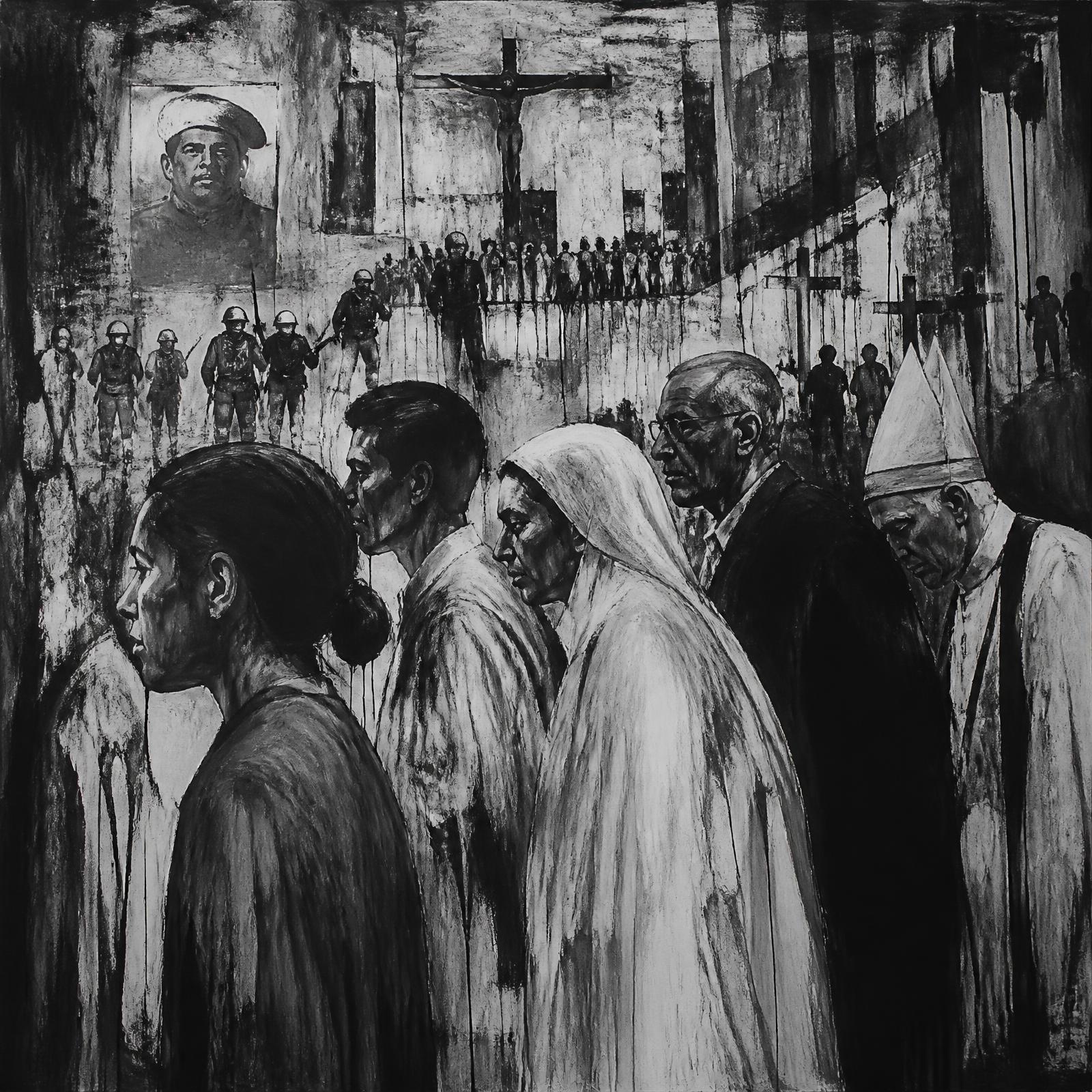Monochrome painting of a procession of figures beneath institutional imagery