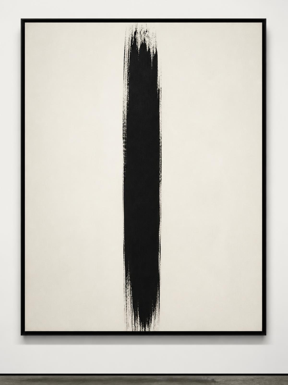 Minimal painting with a single vertical black brushstroke on ivory canvas