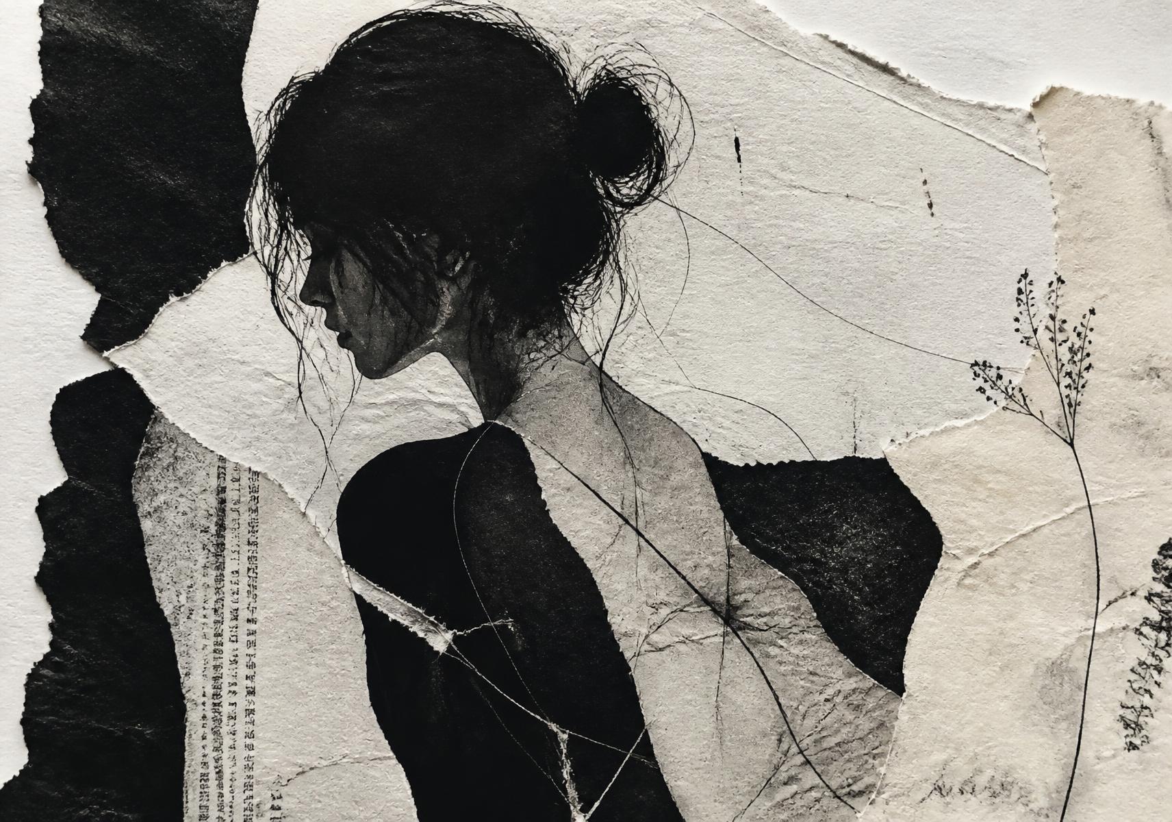 Mixed media collage of a female silhouette drawn over torn paper