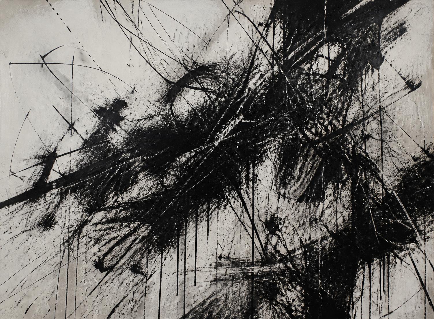 Dense abstract black ink marks across a pale textured surface